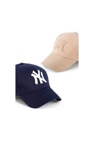 Unisex 2'li Set Lacivert ve Bej Renk Ny New York Beyzbol Şapka - Unisex Lacivert - Bej