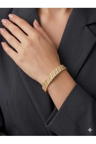 Kadın Gold Renk Antialerjik Çelik Taşlı Modern Tasarım Kelepçe Altın