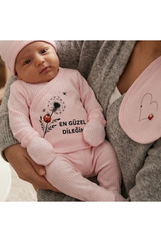 Lexroo %100 Pamuk Yenidoğan Bebek Hastane Çıkış Seti En Güzel Dileğim Yazılı Pembe 5'li Bebek Takımı