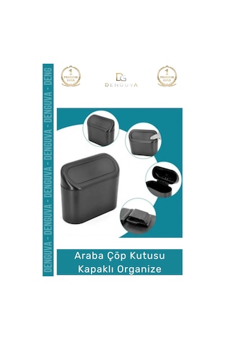 Otoaksesuar Araç İçi Ergonomik Hijyenik Dayanıklı Otomobil Çöp Kutusu Kapaklı Organize Siyah