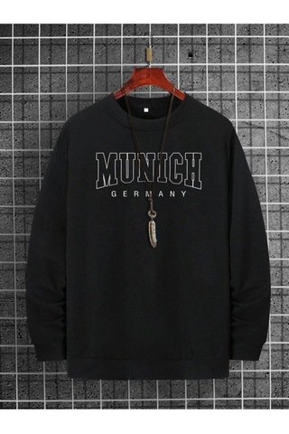Erkek Siyah Munih Baskılı Oversize Sweatshirt Siyah