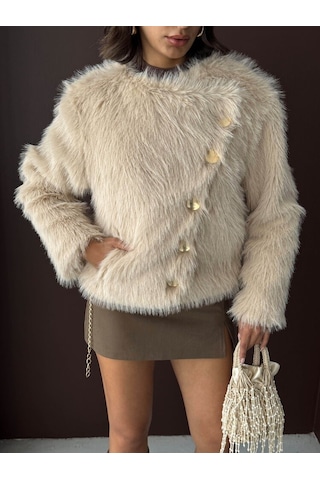 Kadın Vintage Peluş Tüylü Crop Ceket Altın Düğmeli Bisiklet Yaka Kışlık Şık Ceket Taş