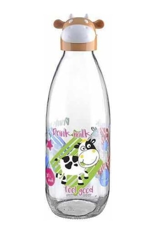 Inek Tasarımlı Sevimli Cam Suluk - Süt Şişesi 1000  Ml