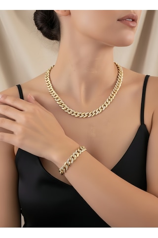 Eva Takı Store Xuping Küba Zinciri Cuban Lınk Hip Hop Rhinestone Set Gold