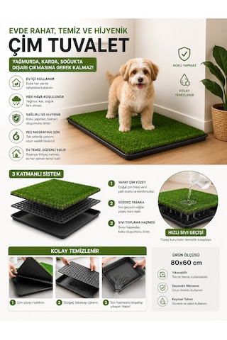Pro Akıllı Çim Tuvaleti Köpek Kedi İçin 3 Katmanlı Yıkanabilir Hazneli 80x60 Büyük Boy