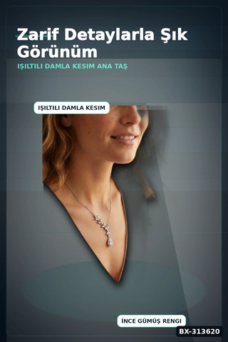 Yaprak Desenli Damla Taşlı 45 Cm İnce Zincir Gümüş Renk Kolye - Kadın Takı Hediyelik Bx-313620 001 - Beyaz