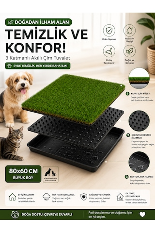 Premium Akıllı Çim Tuvaleti Kedi Ve Köpekler İçin 3 Katlı Yıkanabilir Büyük Boy 80x60