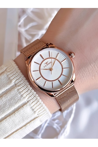 Ferro Hasır Kordonlu Rose Gold Kararmaz Renk Atmaz 3 Atm Özel Tasarım Kadın Kol Saat 21152cwt-c