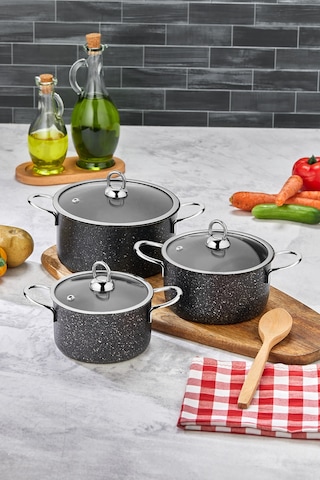 Polochef Hilal Granit 3'lü Mini Tencere Seti 12-14-16 Cm Kapaklı Siyah Siyah