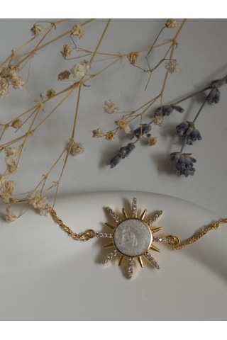 Handmade Pirinç Üzeri Altın Kaplama Güneş Beyaz Bileklik - Sunrise - White Sevgiliye Hediye