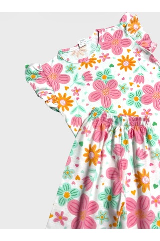 Aliş Kids Kız Çocuk Pamuklu Beyaz Pembe Çiçek Desenli Kolları Fırfırlı Kısa Kollu Şortlu Yazlık Pijama Takımı Pembe Beyaz