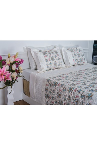 Finezza Gülfem Çiçek Baskılı Turkuaz Çift Kişilik Yatak Örtüsü 6 Parça-1462 Turkuaz