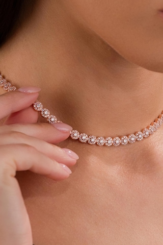 Gümüş Rose Gold Kaplama Beyaz Zirkon Taşlı Pırlanta Modeli Su Yolu Choker Tasma Kolye Rose