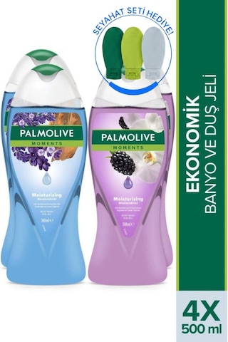 Palmolive Moments Sandal Ağacı Lavanta & Böğürtlen Orkide Nemlendirici Duş Jeli 4 x 500 ML + Seyahat Kiti