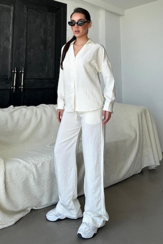 Madmext Ekru Uzun Kollu Çizgili Gömlek Pantolon İkili Takım Mg2329 Ekru