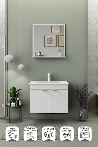 Biani Fix Arya 75 Cm Banyo Dolabı,Seramik Lavabolu, Aynalı,Lavabo Dahil,Mdf,Mat Beyaz