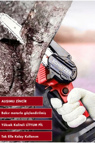 Schmitzer SCH-9108 21V Pro Metal Dişli Çift Akülü Çelik Şansuzan Şarjlı Dal Ağaç Budama Makinesi Testeresi