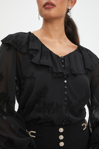 Kadın Fırfırlı Çiçek Desenli Gömlek - Volanlı Kol Ve V Yaka Detaylı Siyah