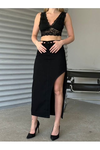 Shevega Kadın Siyah Uzun Ön Parçali Asimetrik Kot Etek Siyah