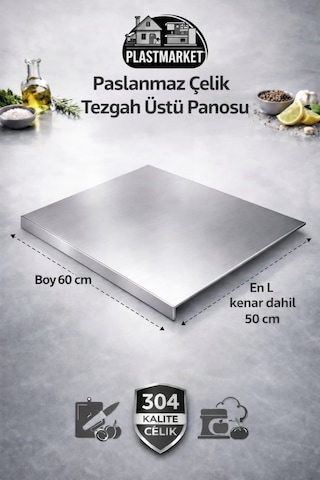 Paslanmaz Çelik Tezgah Üstü Kesme Doğrama Yoğurma Tahtası - L Kenar - Xl Ekstra Büyük Boy Metalik Paslanmaz Çelik Tezgah Üstü Kesme Doğrama Yoğurma Tahtası - L Kenar - Xl Ekstra Büyük Boy Metalik