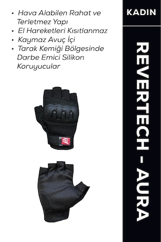 Revertech Aura Siyah / Yarım Parmak - Kaymaz Avuç İçi Kadın Motosiklet Eldiveni