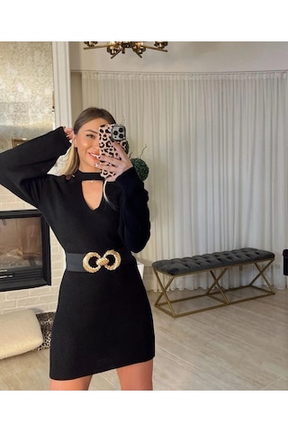 Defymoda Kadın Uzun Kollu Omuzları Açık Boyundan Şerit Detay Kaşkorse Elbise Siyah