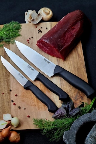 Stevig Cut 4 Chef's Kitchen Şef Ve Sebze Bıçak Seti 17,5 Cm 15 Cm Ve 12,5 Cm St-400.001 - St-400.002 - St-400.003 Siyah