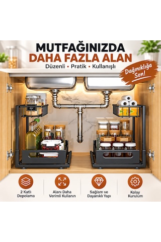 2 Katlı Çekmeceli Mutfak Rafı Organizer Dolap İçi Baharatlık Yağlık Şişelik Tezgah Üstü Düzenleyici Siyah