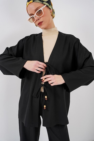 Bigdart Kadın Keten Kimono İkili Takım 6727 - Siyah