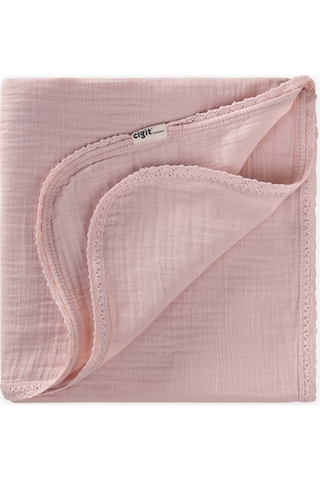 Dantel İşlemeli Tekkat Müslin Battaniye 100x100 CM +/- 3 Cm Pudra Pembe Pudra