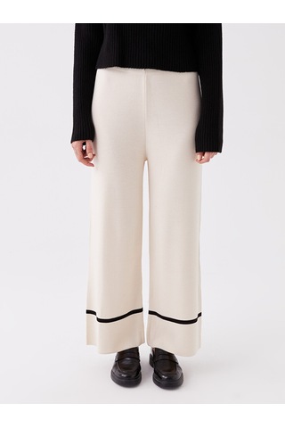 Lcwaıkıkı Classic Ekru Beli Lastikli Düz Geniş Paça Kadın Triko Pantolon