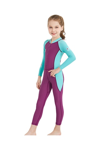 Geeksen Kız Çocukları İçin Tek Parça Uzun Kollü Güneşten Koruyucu Hızlı Kuruyan Yüzme Mayo - Pembe S Fuşya