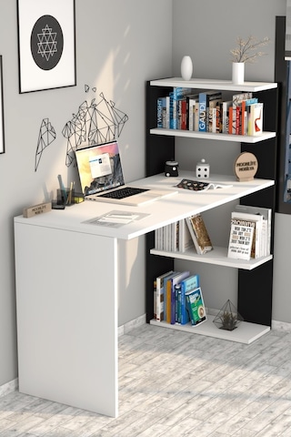Moonlife Çınar Kitaplıklı Çalışma Masası Beyaz Siyah Beyaz