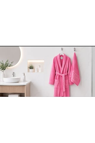 Belinis %100 Pamuk Otel & Spa Kalitesinde Yumuşak Yüksek Su Emici 1 Adet Bornoz 1 Adet 50 X90 Cm Havlu Pembe