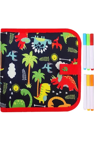Aubyhe Kırmızı Dinozor Desenli Çocuk Taşınabilir Çizim Defteri - Tekrarlı Yazma Özelliği, 10 Sayfa Ve 6 Renkli Kalem Seti Çok Renkli