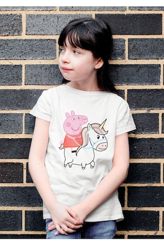 Sevbano Peppa Pig Unicorn Baskılı Unisex Çizgi Film Çocuk Tişört 1-12 Ya Beyaz
