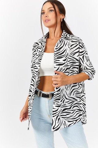 Armonika Kadın Siyah Zebra Desen Oversize Uzun Basic Gömlek Arm-22y001145