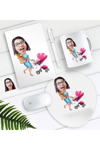Kişiye Özel Ev Hanımı Karikatürlü Defter Kalem Kupa Mouse Pad Set