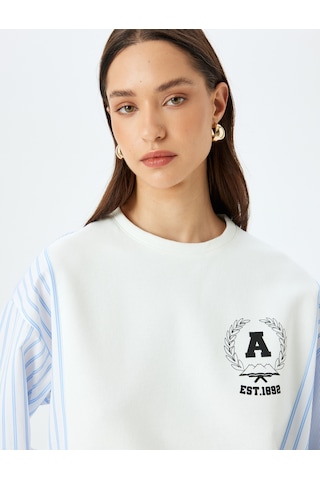 Koton İki Farklı Kumaş Kullanımlı Uzun Kollu Bisiklet Yaka Çizgili Sweatshirt Ekru 5wak10416ek Ekru