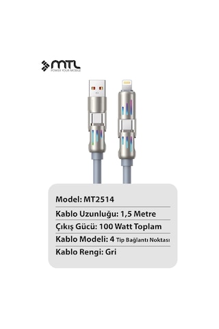 205w 4'ü 1 Arada Süper Hızlı Şarj Rgb Led Işıklı Çoklu Fonksiyonlu Silikon Kablo 1.5 Metre Mt2514