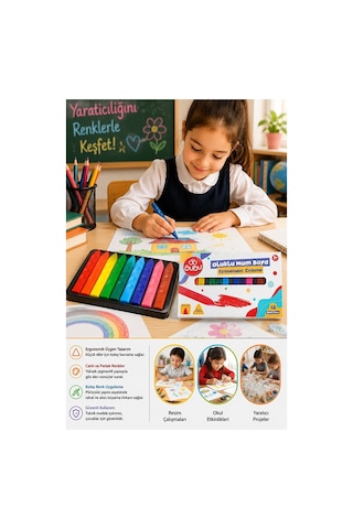 Oluklu Mum Boya 12 Li 1 Paket Bubu 12 Renk Mumboya Elleri Kirletmeyen Yıkanabilir Silinebilir Karton Kutu Çok Renkli