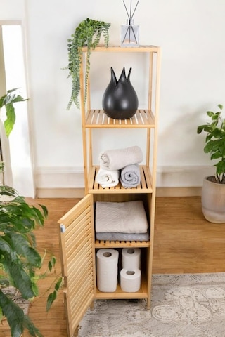 Digithome Bambu Tek Kapaklı 3 Raflı Çok Amaçlı Banyo Düzenleyici Organizer Dik Dolap Jwbw-5049