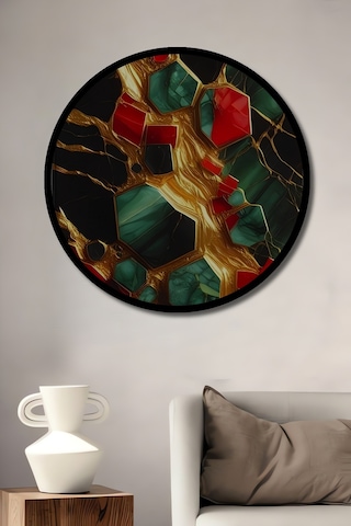 Altın Damarlı Yeşil Ve Kırmızı Yeşim Taşı Görünümlü Modern Sanat Ahşap Tablo Yuvarlak Duvar Tablosu