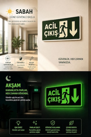 Acil Çıkış-acil Çıkış Aşağı Yön Tabelası 12x25 Cm Fotolümenli - Karanlıkta Parlayan Pvc