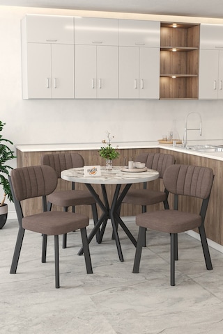 Gnr 90cm Sabit Efes Mutfak Masası Takımı, Yemek Masası, 4 Modern Kahverengi Sandalye Kahverengi