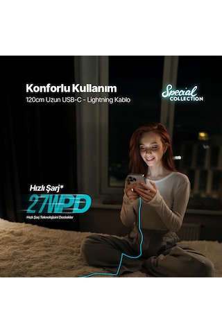 Ttec USB-C - Lightning Hızlı Şarj Kablosu 120 CM Neon Mavi