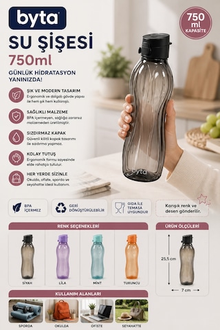 750 Ml Sızdırmaz Su Şişesi Matara Bpa İçermez Ergonomik Tasarım Spor Okul Ofis Seyahat Siyah