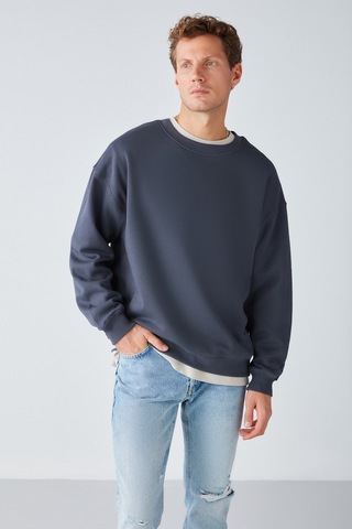 Grımelange Stephan Erkek Yumuşacık Kumaşlı Organik Pamuklu Oversize Fit Yuvarlak Yakalı Antrasit Sweatshirt