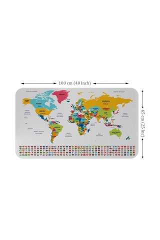 Türkçe Ülke Bayrak Lı Eğitici Başkent Detaylı Atlası Dünya Haritası Duvar Sticker -60x105-3834 - Renkli Çok Renkli