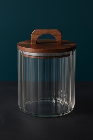 Qerhome Borosilikat Cam Optik Çizgili Akasya Kapaklı Kavanoz Zahire 1750 Ml Şeffaf